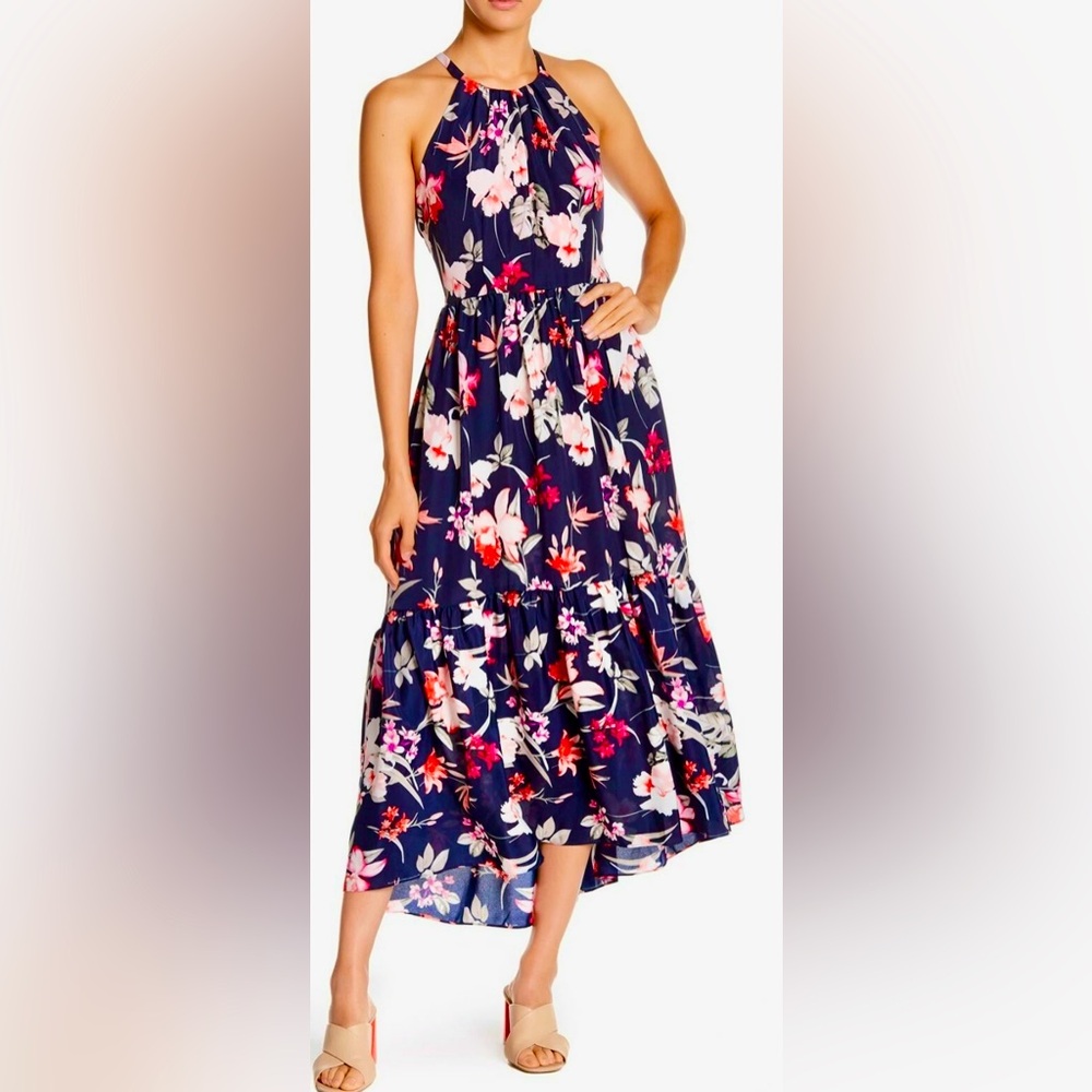 ELIZA J Navy Blue Pink Floral Print Hi/ Lo Asymmetric Halter Midi Maxi Dress